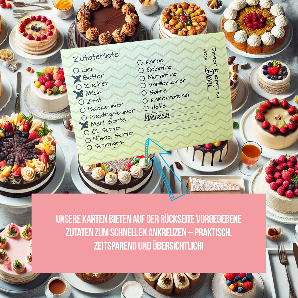 Kuchenaufsteller für Allergene - Vereine, Schule & Kindergarten - 50 Stück - Praktisch für Kuchenverkauf - inkl. 2 Standardaufsteller mit einem allgemeinen Allergenhinweis