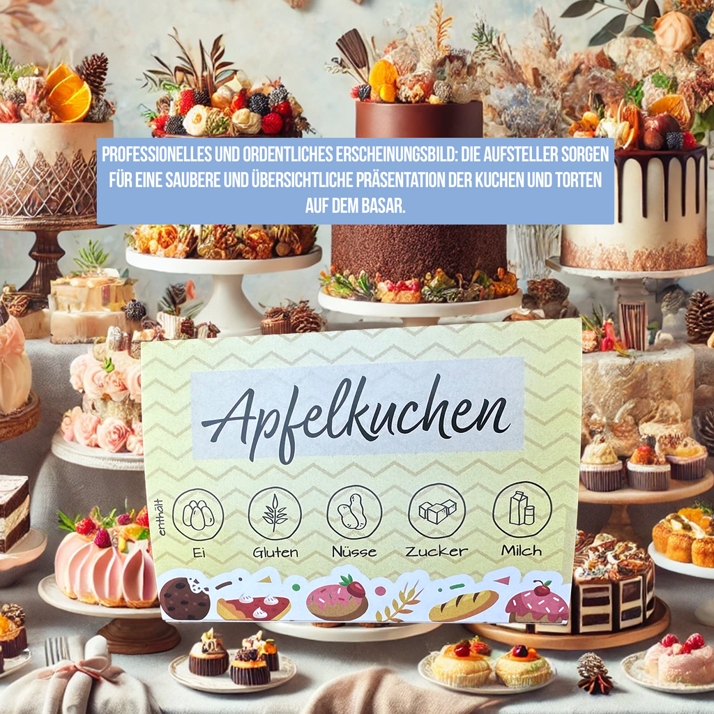 Kuchenaufsteller für Allergene - Vereine, Schule & Kindergarten - 50 Stück - Praktisch für Kuchenverkauf - inkl. 2 Standardaufsteller mit einem allgemeinen Allergenhinweis