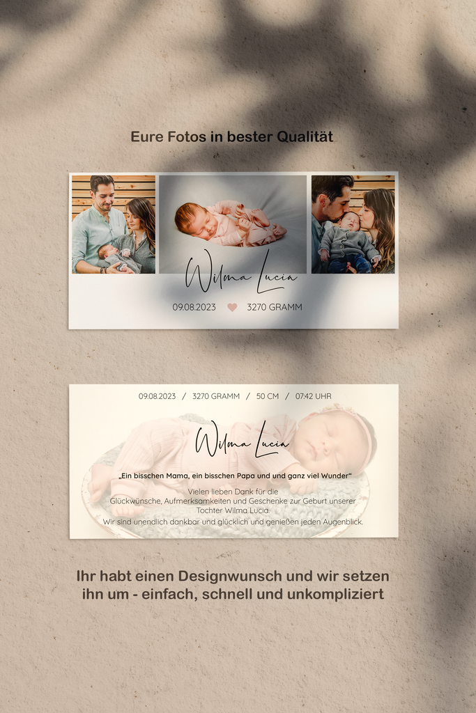 10x Individuell Gestaltete Luxus-Geburtskarten Dankeskarten auf Premium-Papier