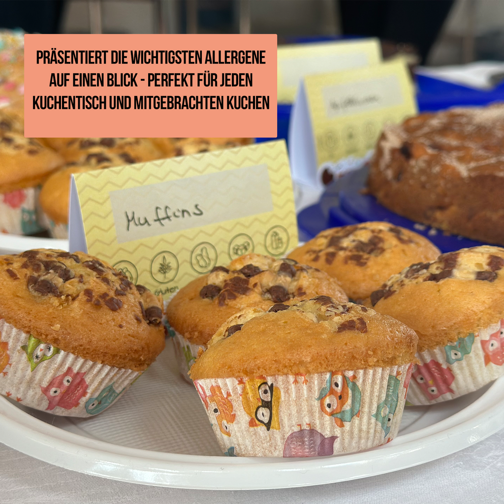Kuchenaufsteller für Allergene - Vereine, Schule & Kindergarten - 50 Stück - Praktisch für Kuchenverkauf - inkl. 2 Standardaufsteller mit einem allgemeinen Allergenhinweis