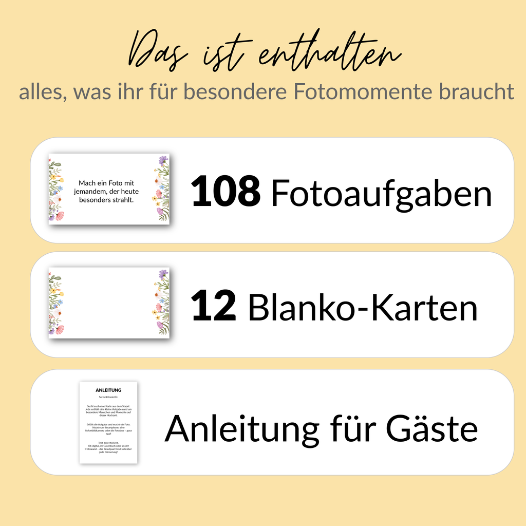 Fotoboxaufgaben Sommerblumen | 120 Karten mit 108 kreativen Aufgaben + 12 Blanko-Karten | Hochzeit, Party, Taufe | Fotochallenge Karten – liebevoll gestaltet