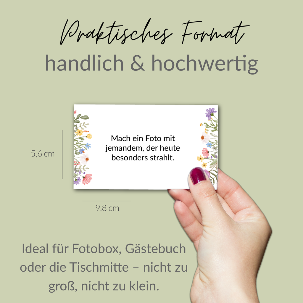 Fotoboxaufgaben Sommerblumen | 120 Karten mit 108 kreativen Aufgaben + 12 Blanko-Karten | Hochzeit, Party, Taufe | Fotochallenge Karten – liebevoll gestaltet