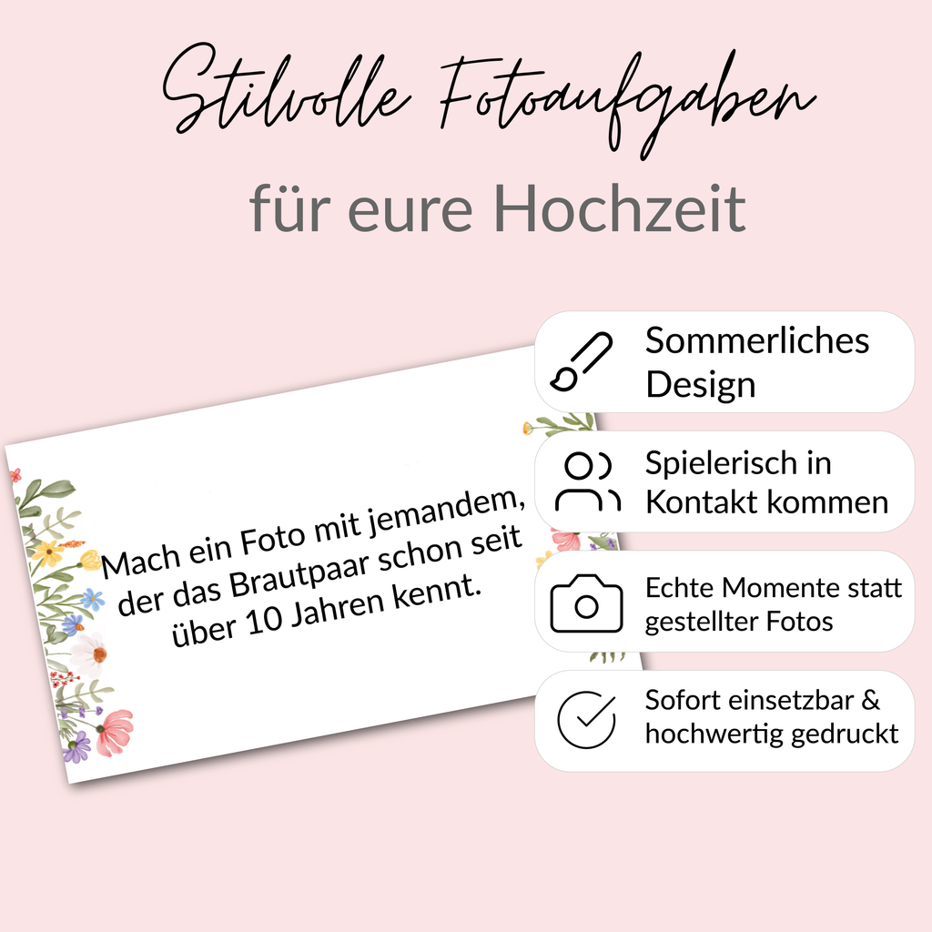Fotoboxaufgaben Sommerblumen | 120 Karten mit 108 kreativen Aufgaben + 12 Blanko-Karten | Hochzeit, Party, Taufe | Fotochallenge Karten – liebevoll gestaltet