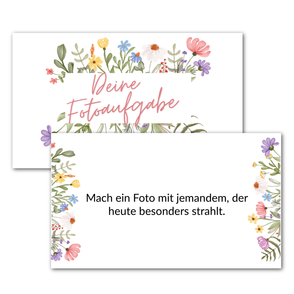 Fotoboxaufgaben Sommerblumen | 120 Karten mit 108 kreativen Aufgaben + 12 Blanko-Karten | Hochzeit, Party, Taufe | Fotochallenge Karten – liebevoll gestaltet