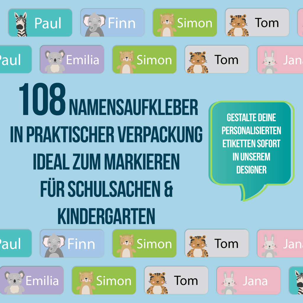 108x Namensaufkleber - tierisches Design - gestalte selbst im Designer