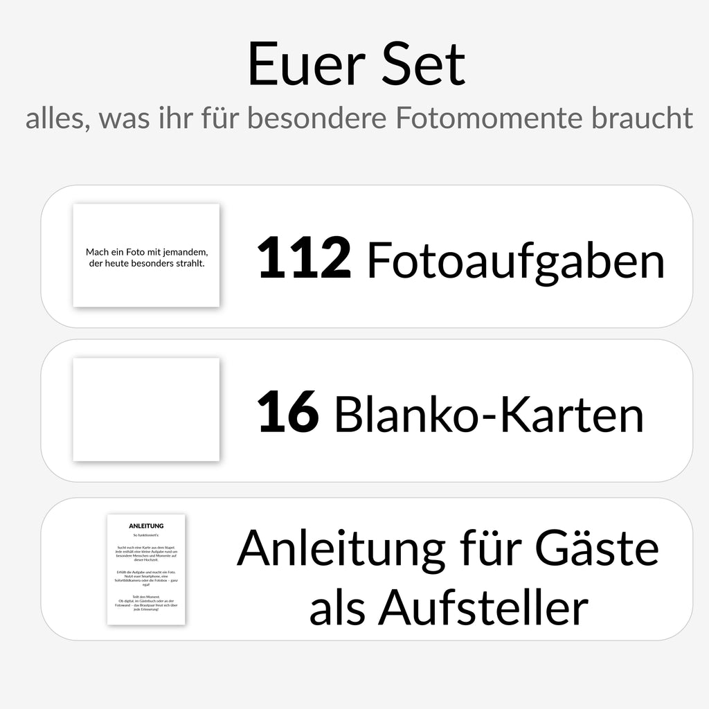 110 Fotoaufgaben Hochzeit – hochwertige Karten DIN A7 für Gäste, Fotobox & Gespräche | Hochzeitsspiel modern, stilvoll & sofort einsatzbereit