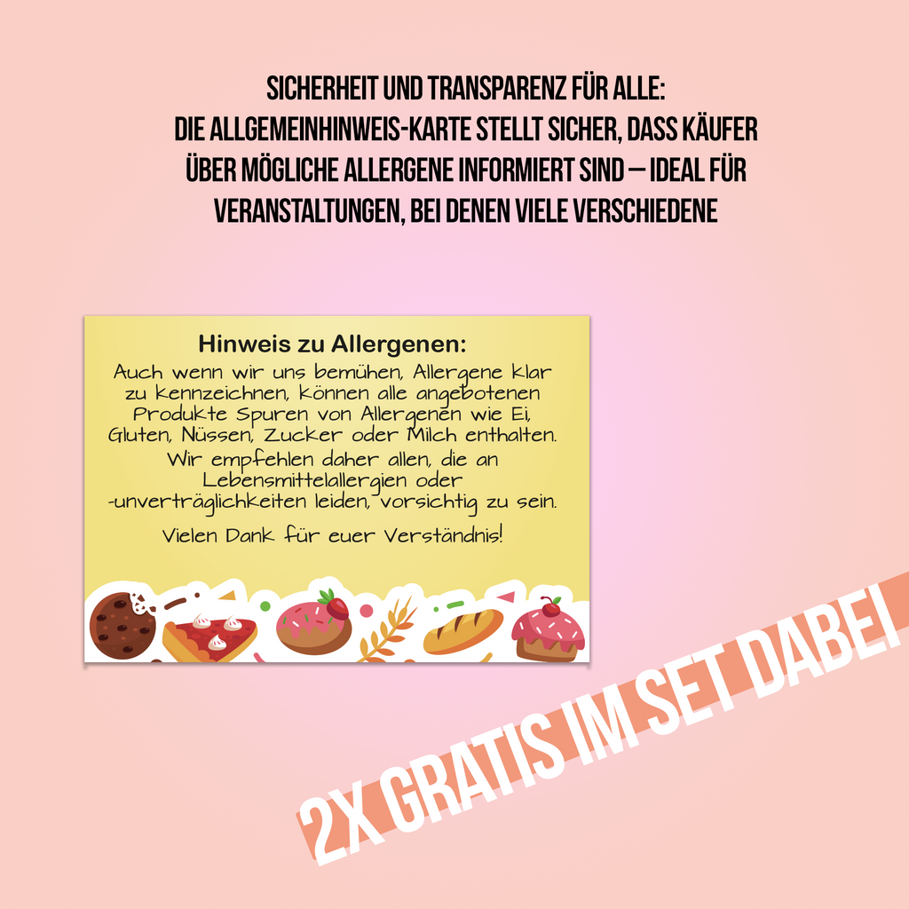 Kuchenaufsteller für Allergene - Vereine, Schule & Kindergarten - 50 Stück - Praktisch für Kuchenverkauf - inkl. 2 Standardaufsteller mit einem allgemeinen Allergenhinweis