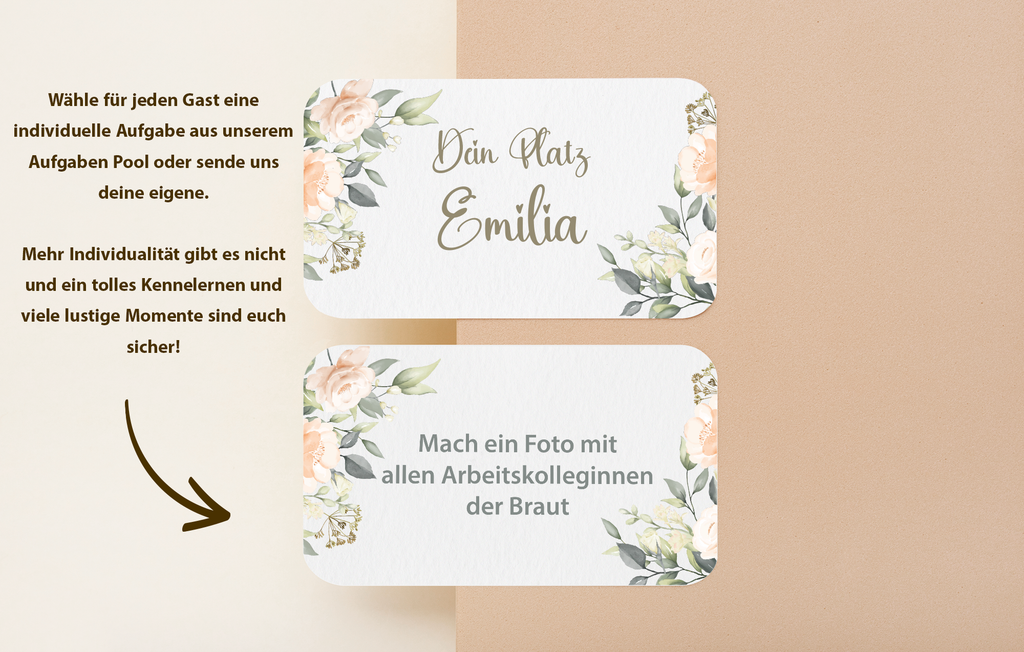 Exklusive & individuelle Platzkarten im eigenen Design mit Name und individuellen Aufgabe auf der Rückseite