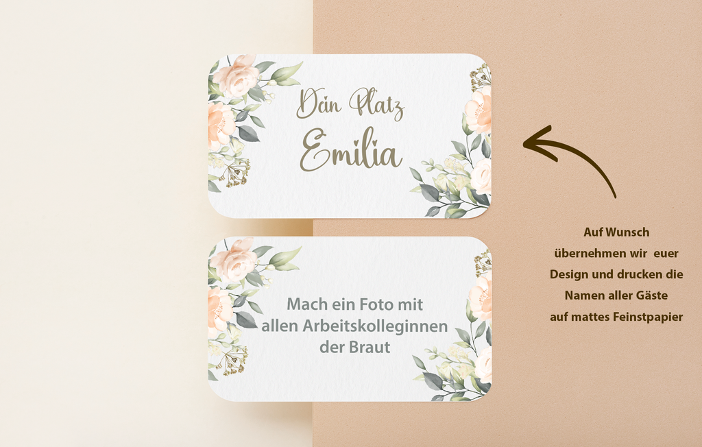 Exklusive & individuelle Platzkarten im eigenen Design mit Name und individuellen Aufgabe auf der Rückseite